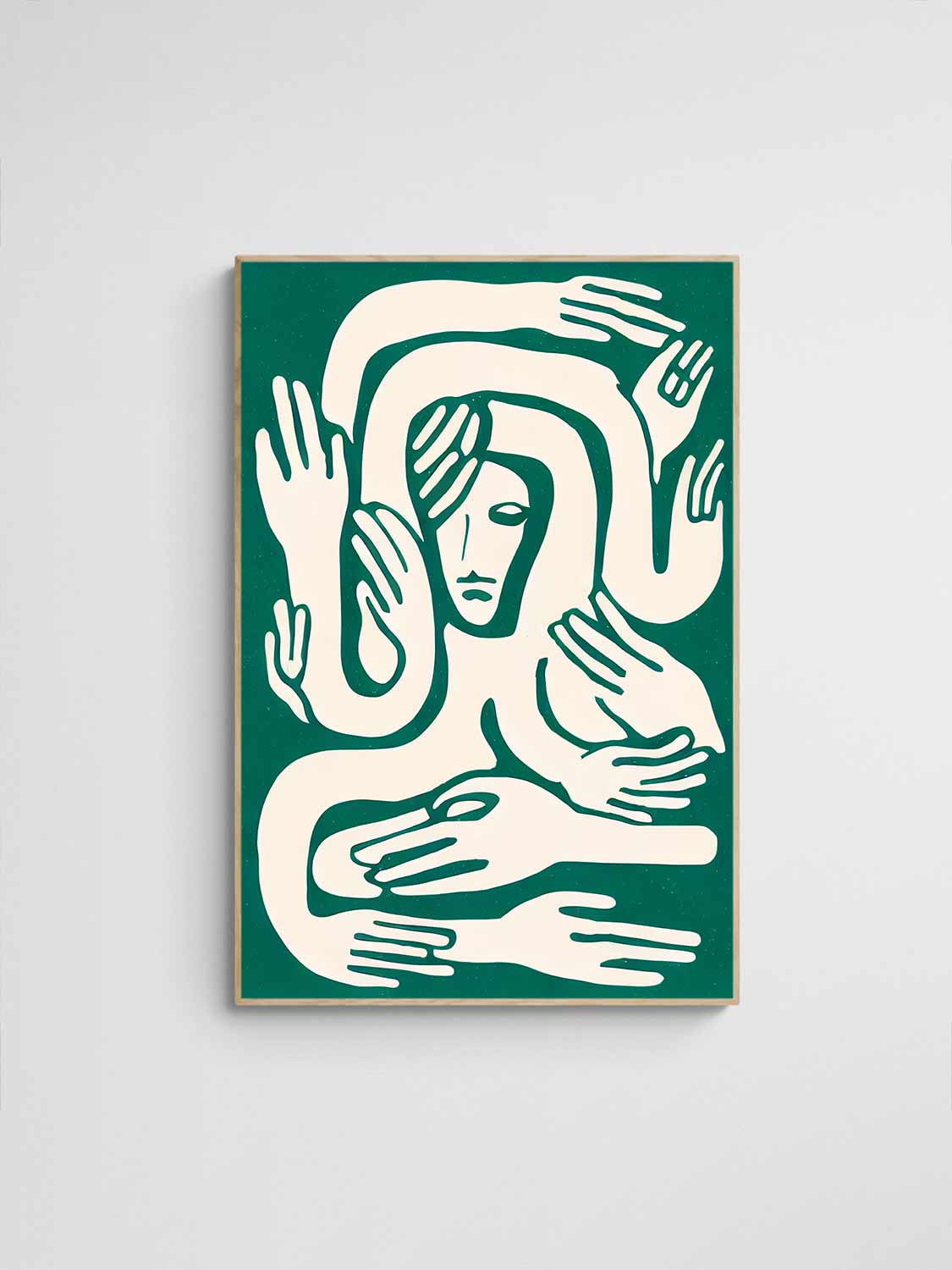 Green Abstract Lithograph print of female face with many arms and hands