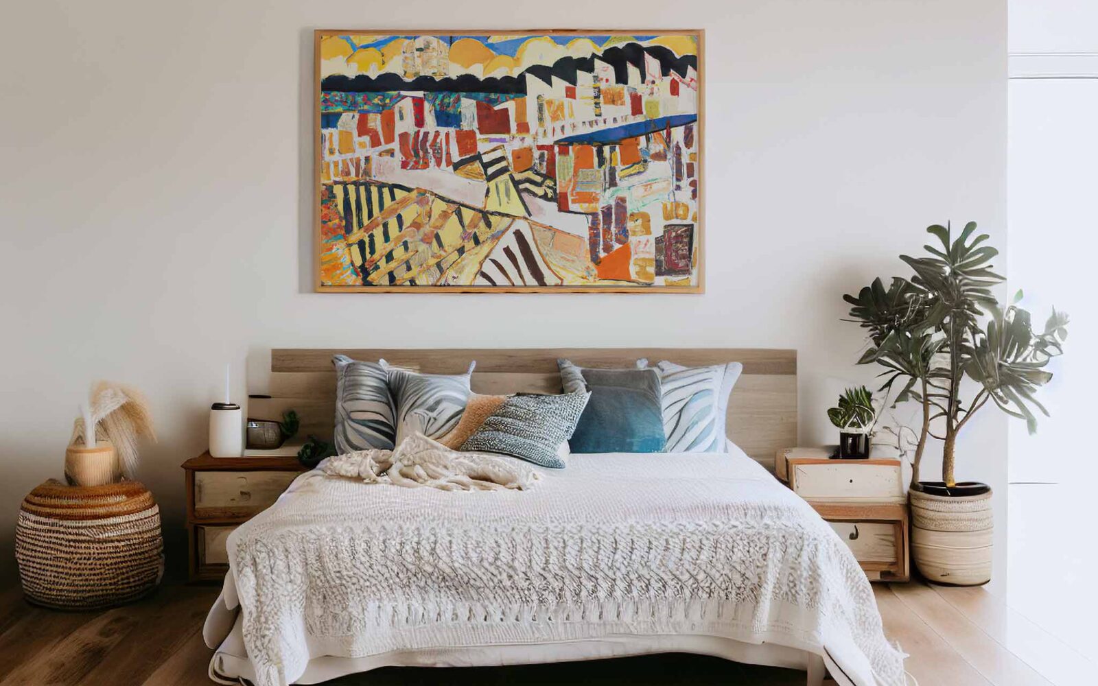 beachy bedroom decor with Esplanade 019 coastal abstract art canvas on wall