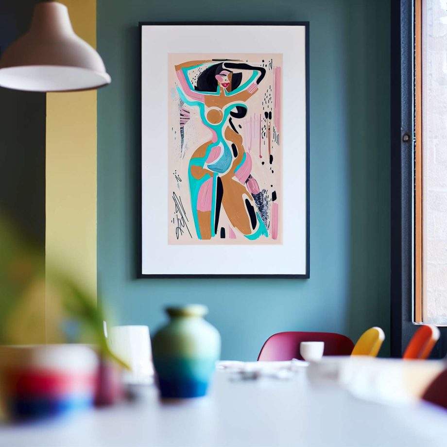 Female abstract art print on teal wall in dining room