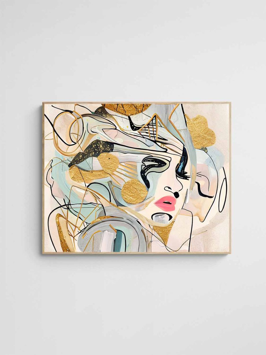Messy abstract canvas portrait in soft tones and black lines