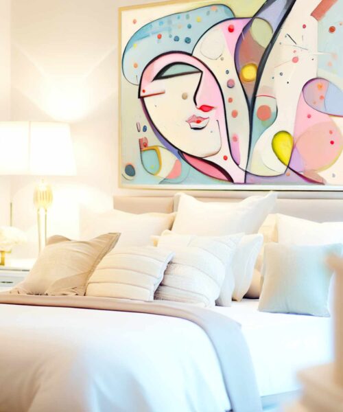 Bright bedroom with abstract wall art called 'Wandering Mind'