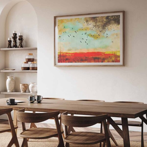 Australian landscape art on dining room wall.
