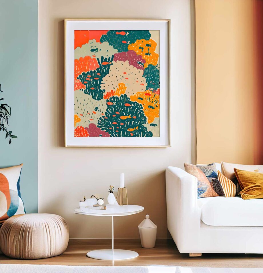 Linoleum Beach 4 - Coral Abstract Coastal Art Print