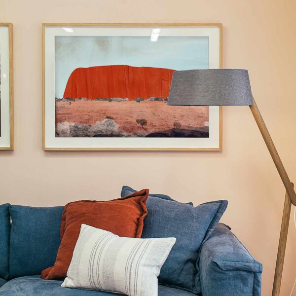 A warm Australian landscape artwork featuring Uluru. Mixed media print by Kathryn Foster. 2023. Open edition.