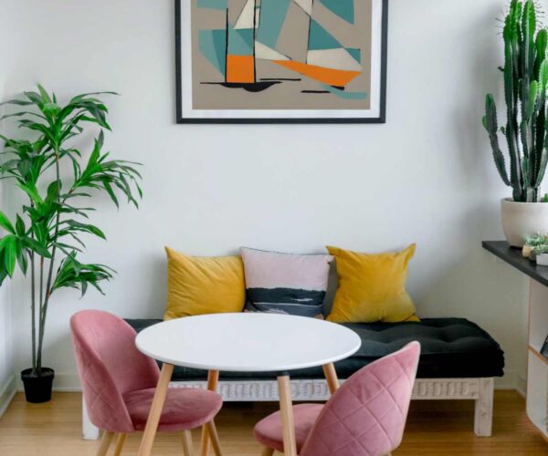 abstract landscape artwork in frame in dining room