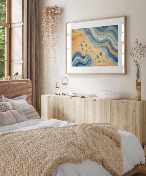 Abstract ocean art print 'Four Shores' on a bedroom wall
