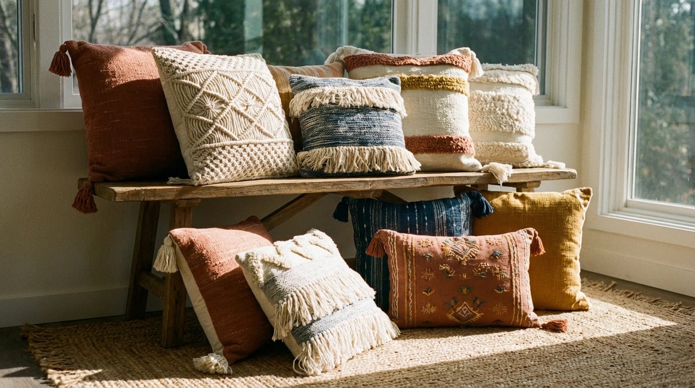 Boho Color Palettes - Bohemian textured throw pillows visual guide for Boho Color Palettes: Beyond Terracotta & Sage