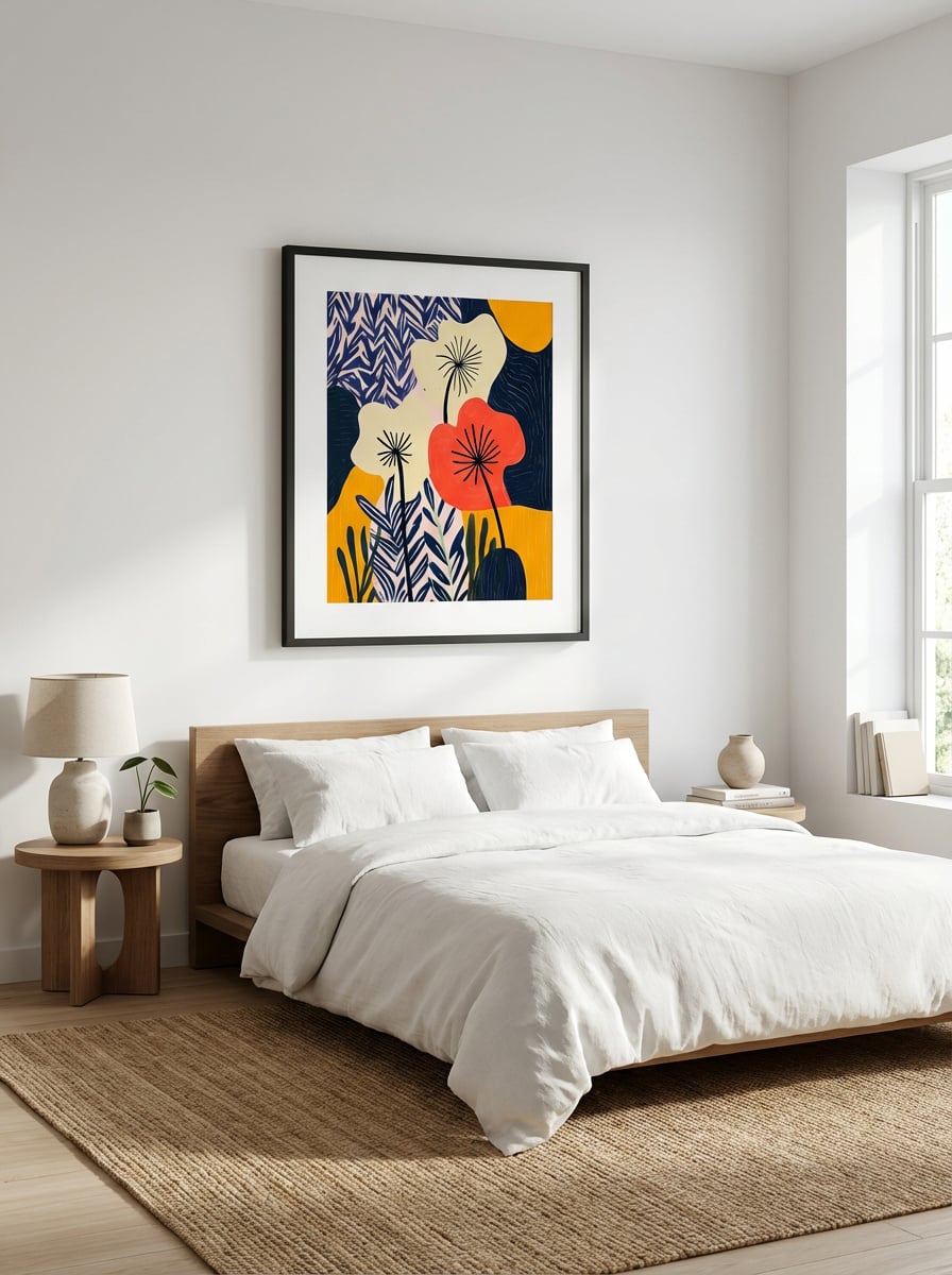 Hot Summer Flowers – Bold and Warm Floral Abstract Wall Art Print displayed as a medium black framed print with white mat board in a minimalist bedroom interior setting