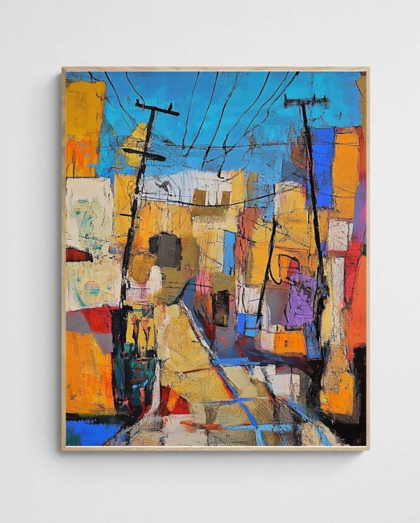 abstract city Power Lines art print with Wood 4-5 Portrait frame - high quality giclée print
