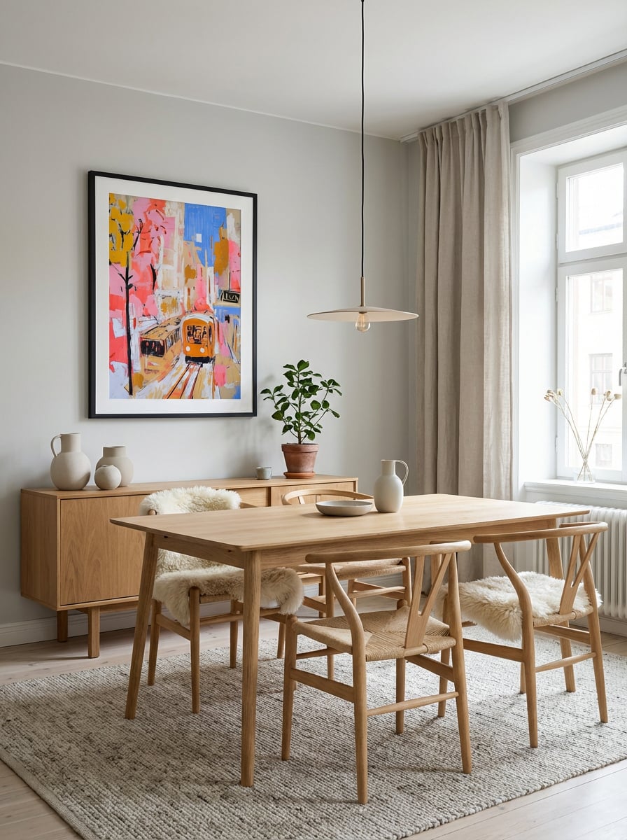 Trams in Autumn - Vibrant Melbourne Abstract Art Print displayed as a medium black framed print with white mat board in a scandinavian dining room interior setting