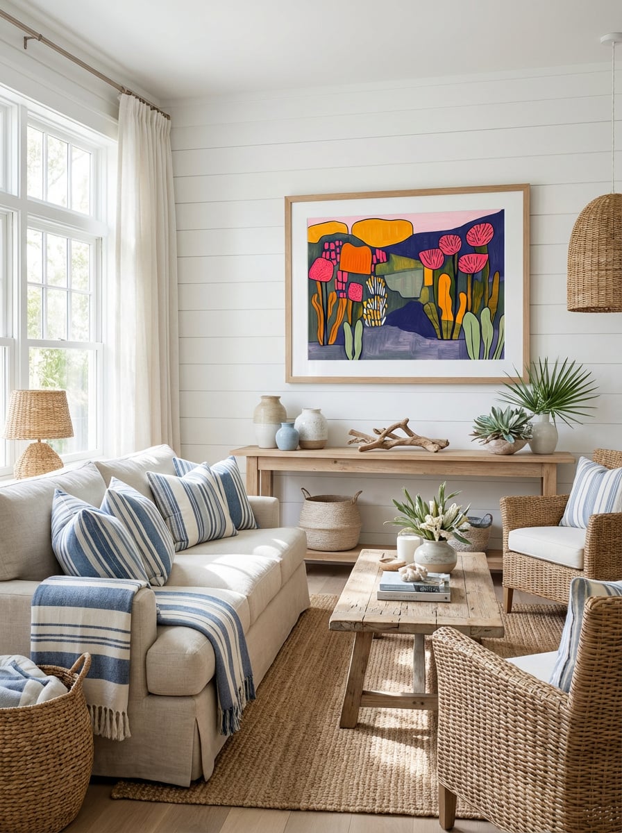 Aquatic Garden - Vibrant Under Water Abstract Art Print displayed as a medium natural timber framed print with white mat board in a coastal lounge interior setting