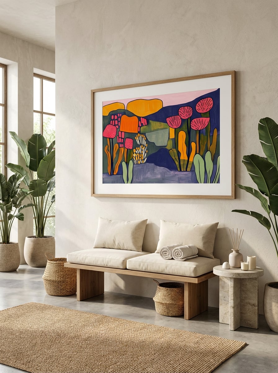Aquatic Garden - Vibrant Under Water Abstract Art Print displayed as a medium natural timber framed print with white mat board in a contemporary spa interior setting