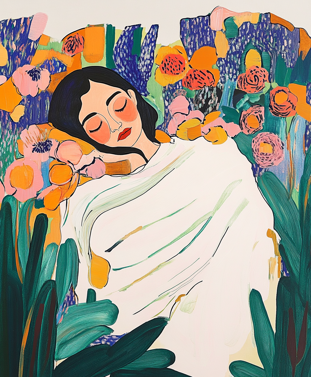 sleeping woman garden portrait Asleep Among the Flowers 1 - original abstract wall art print
