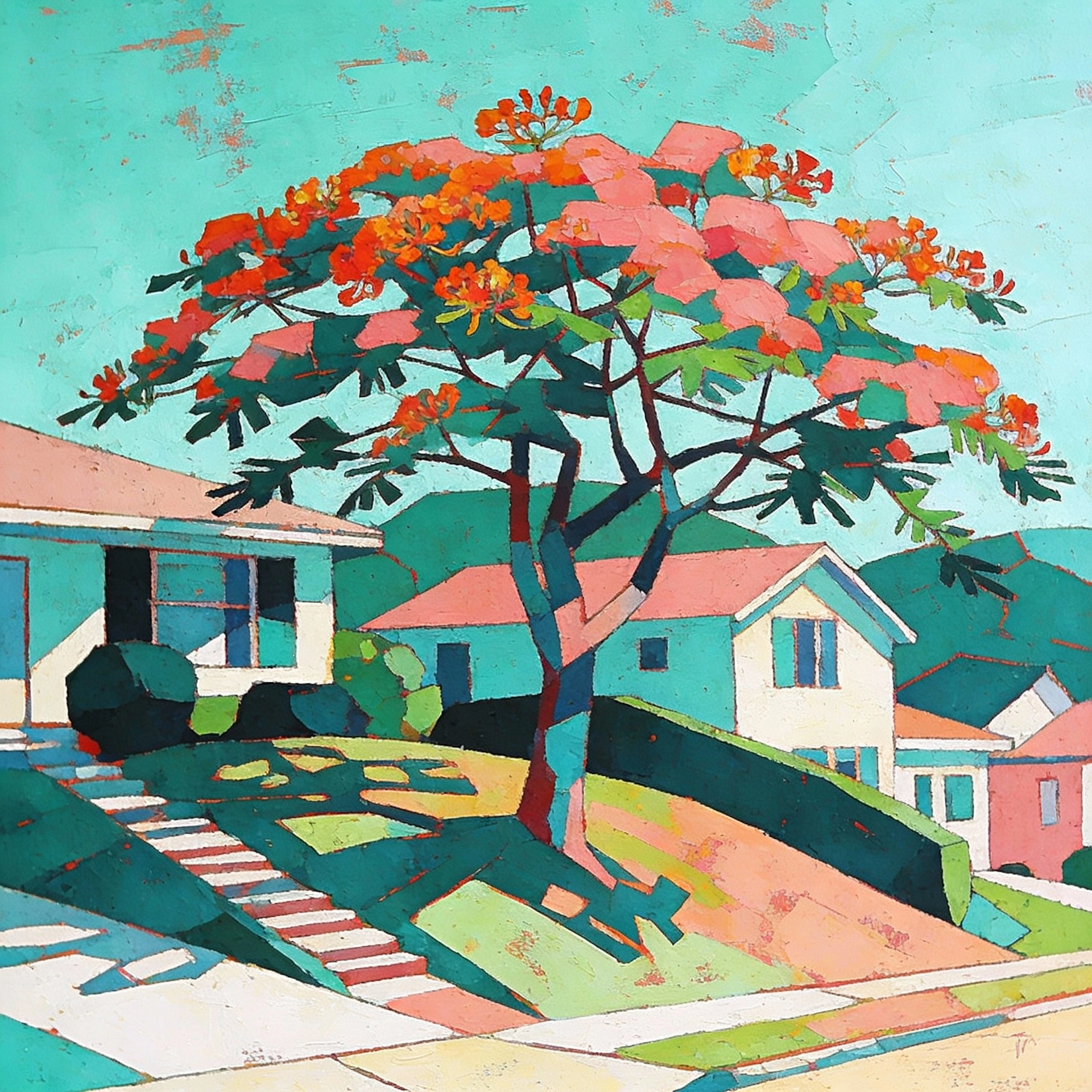 poinciana tree art print "Coral Hillside Reverie" - original abstract wall art print