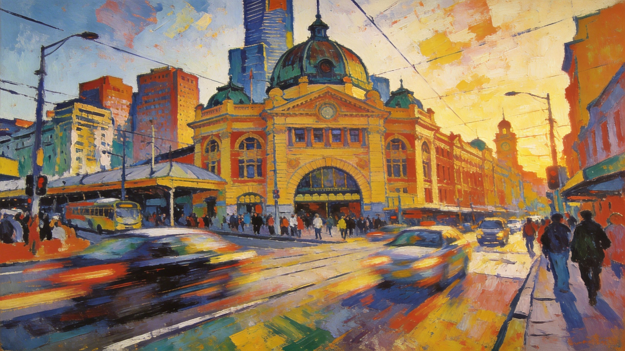 flinders street station art "Morning Rush: Urban Whirl" - original abstract wall art print
