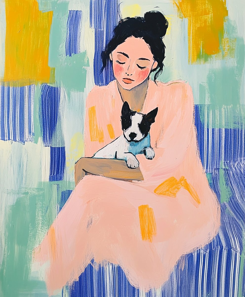 woman and dog art print Dreaming with Dog - original abstract wall art print
