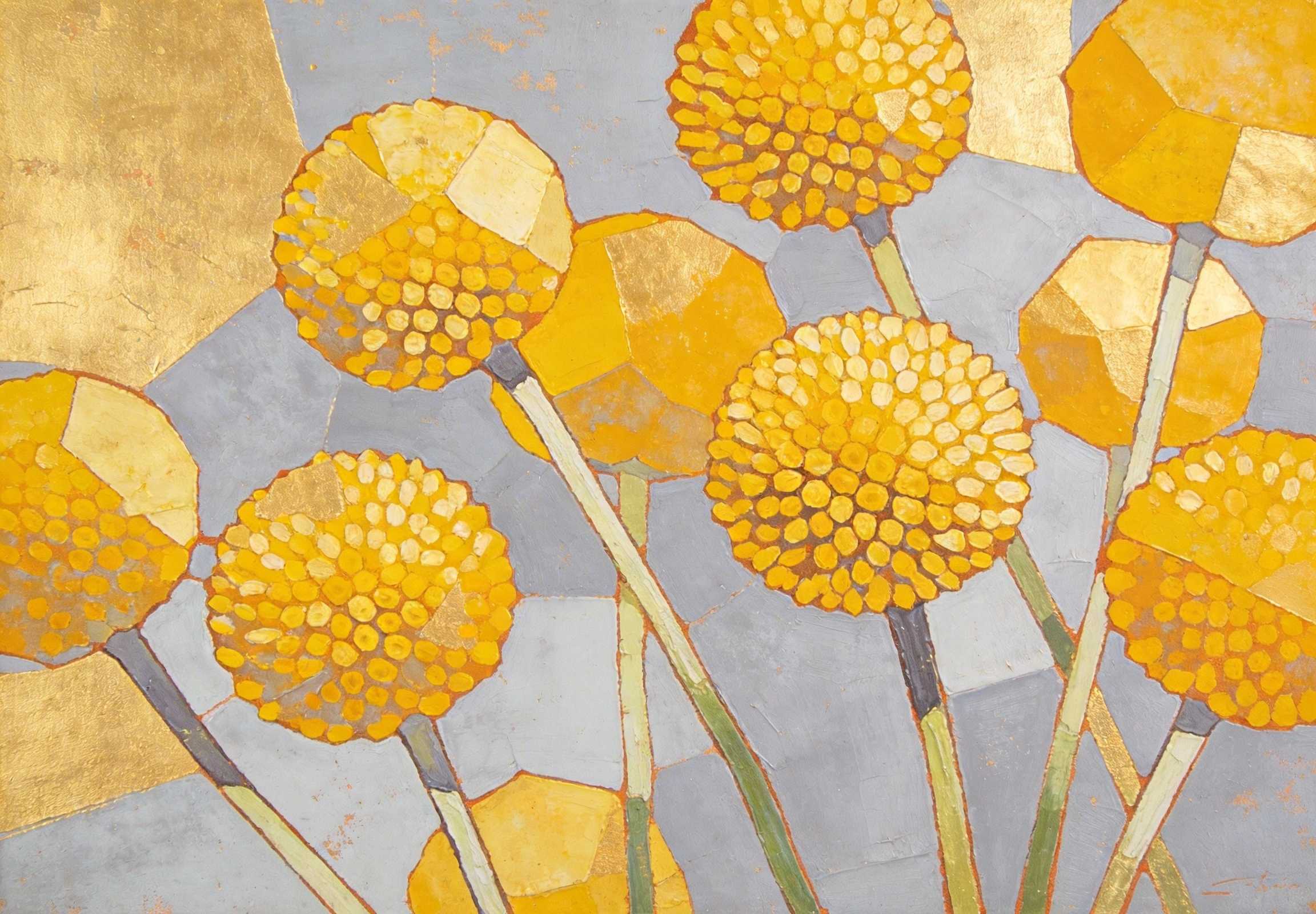 Billy Button Abstract Art Golden Billy Buttons - Playful Abstract Floral Print - original abstract wall art print