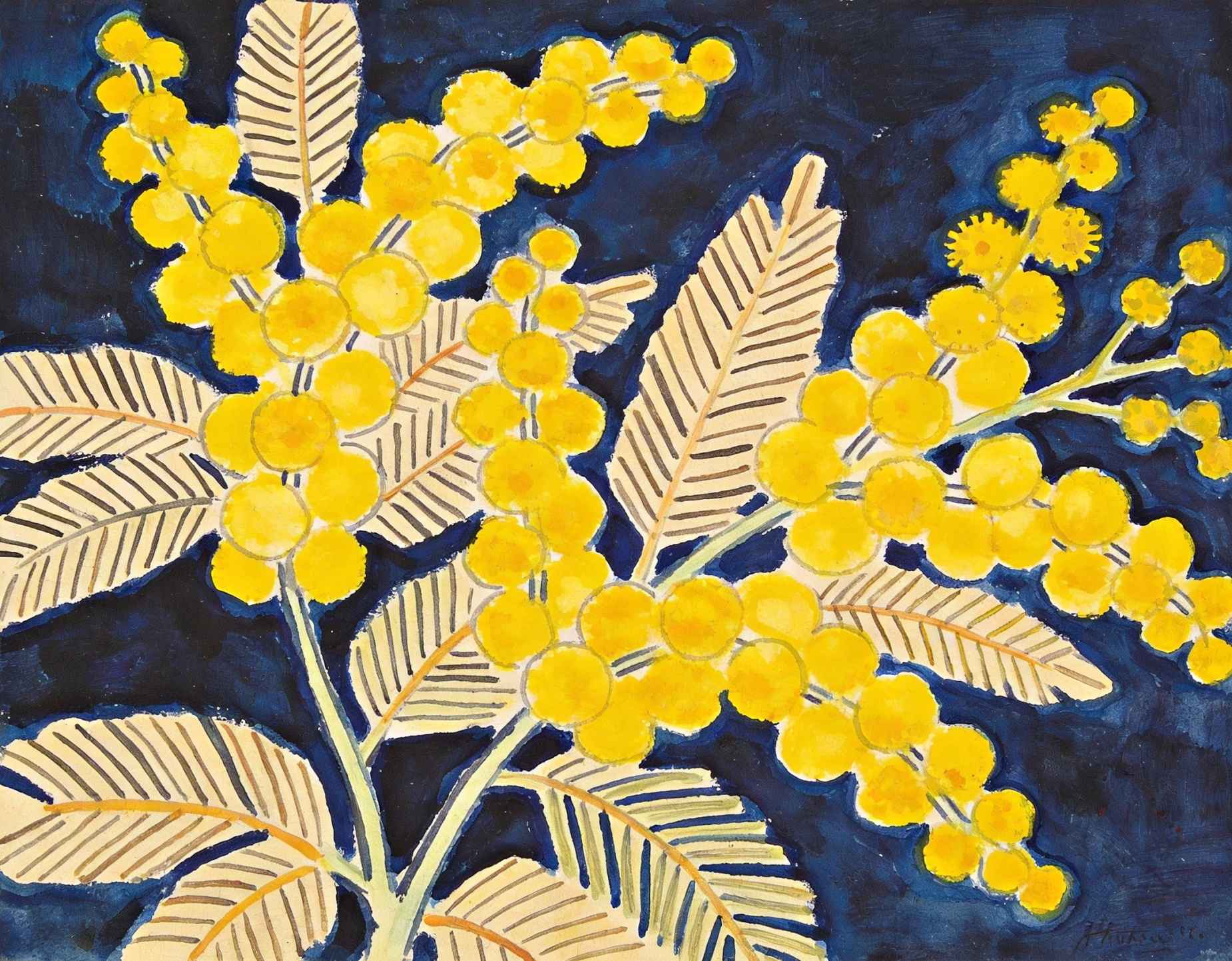 wattle australian native art Golden Wattle on Blue - original abstract wall art print