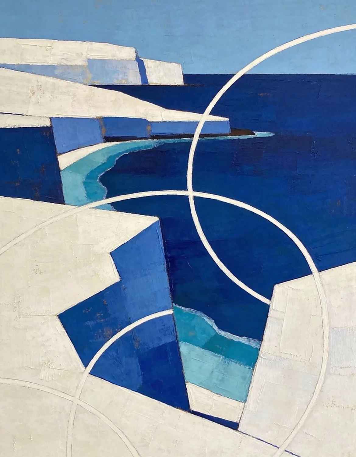 Blue Coastal Geometric Abstract White Cliffs on Blue - original abstract wall art print