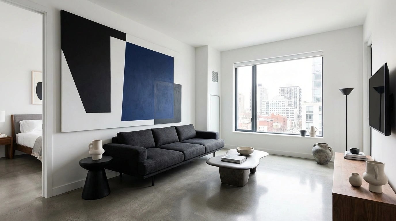 Modern chic apartment with Bold minimalist abstract art on the wall - featured image visual guide for Bare Walls to Bold: You