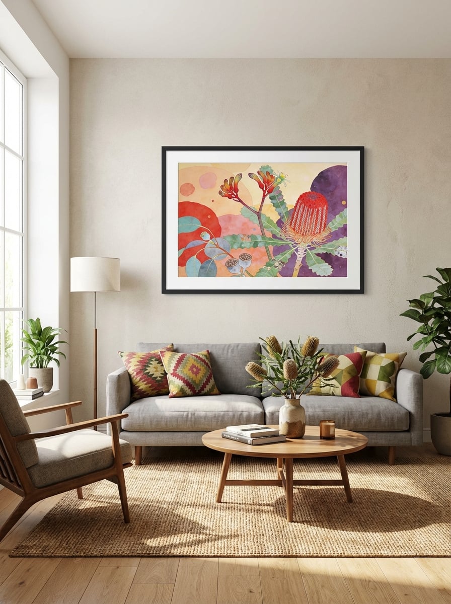 "Blossoms of the Outback" - Australian Native Floral Art Print displayed as a medium black framed print with white mat board in a modern living room interior setting