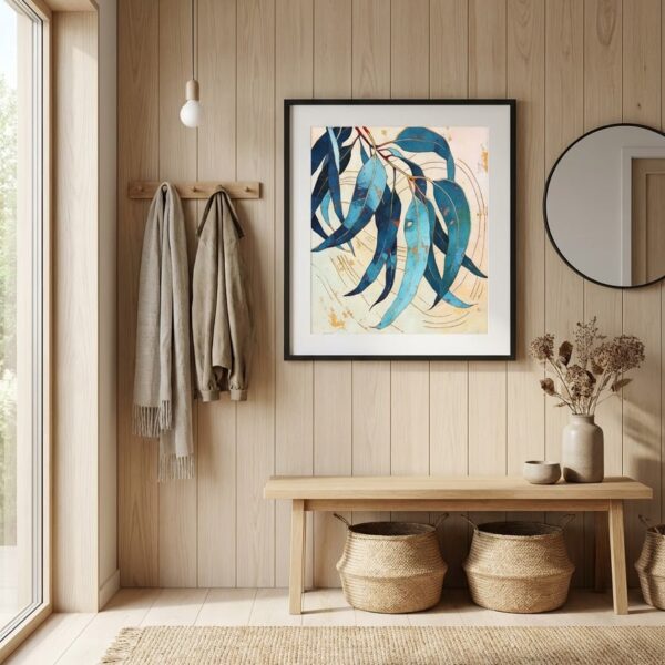 Blue Gum Abstract Print - Eucalyptus-Inspired Modern Floral Wall Art displayed as a medium black framed print with white mat board in a scandinavian entryway interior setting