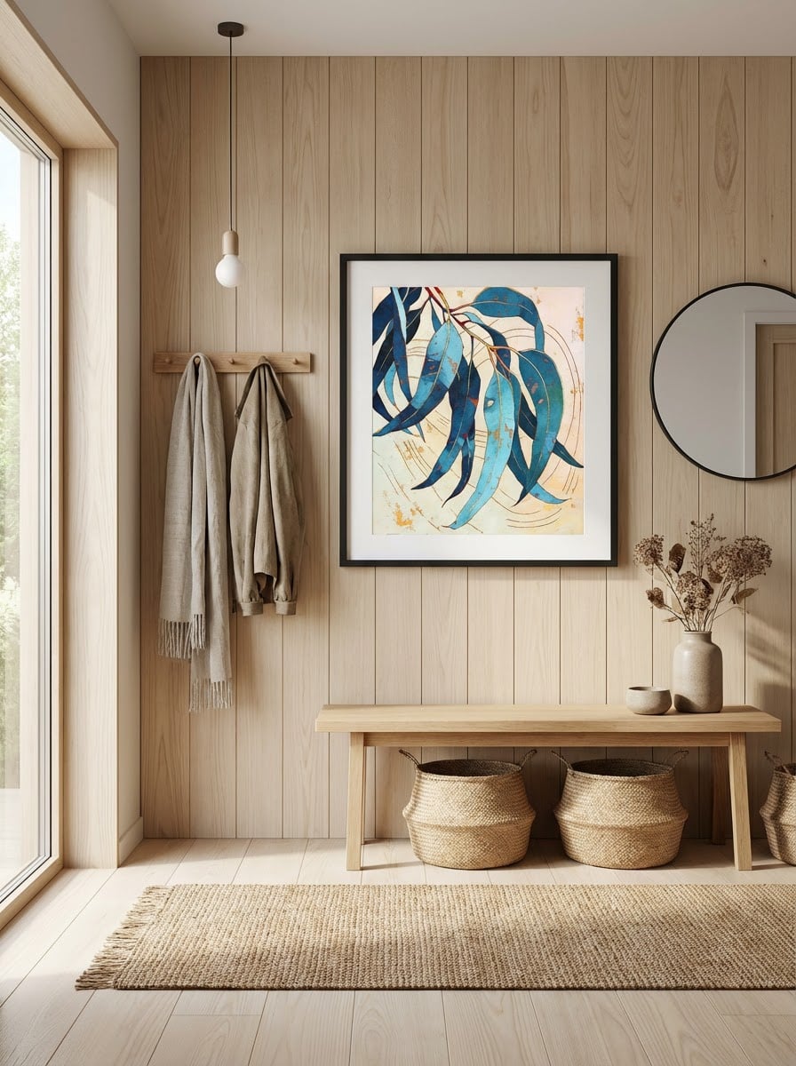 Blue Gum Abstract Print - Eucalyptus-Inspired Modern Floral Wall Art displayed as a medium black framed print with white mat board in a scandinavian entryway interior setting