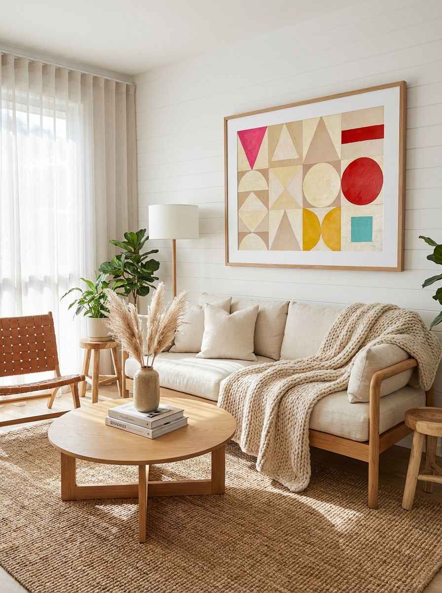 Checkerboard Future 2 - Mid-Century Minimalist Geometric Abstract Print displayed as a medium natural timber framed print with white mat board in a scandinavian lounge interior setting