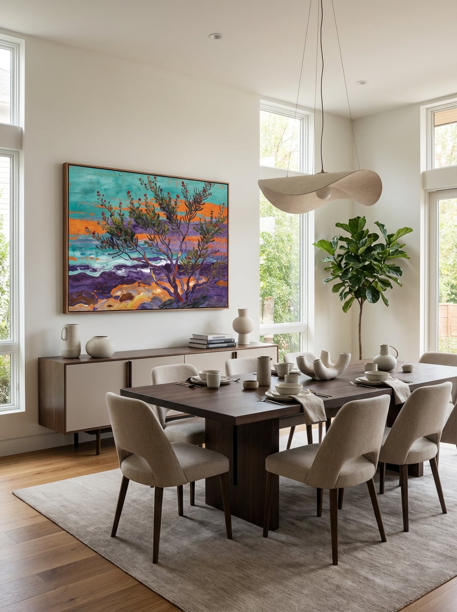 Coastal Whispers in Wax – Lush Native Abstract Landscape Wall Art displayed as a medium canvas print in a contemporary dining room interior setting