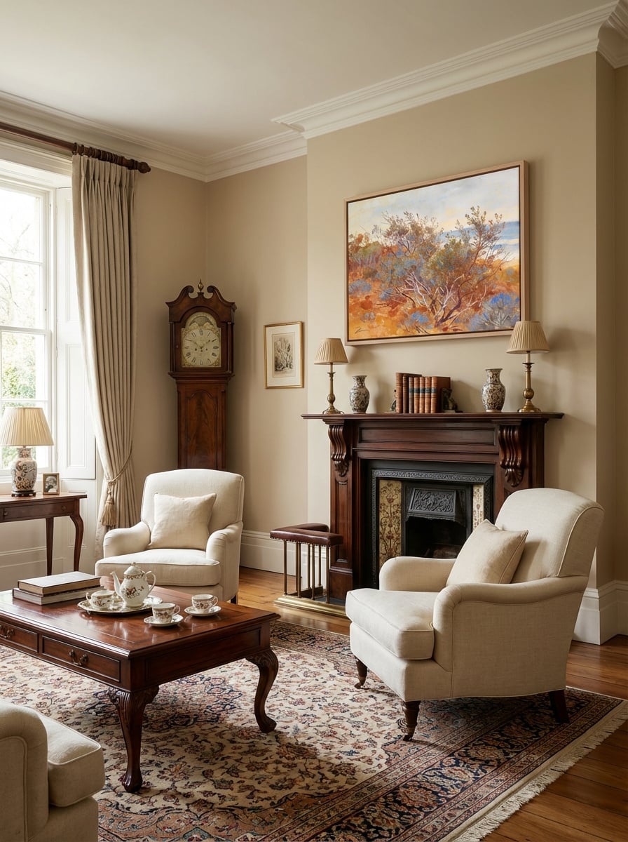 Costal Scrub - Australian Abstract Art Print Landscape displayed as a medium canvas print with light timber float frame in a traditional living room interior setting