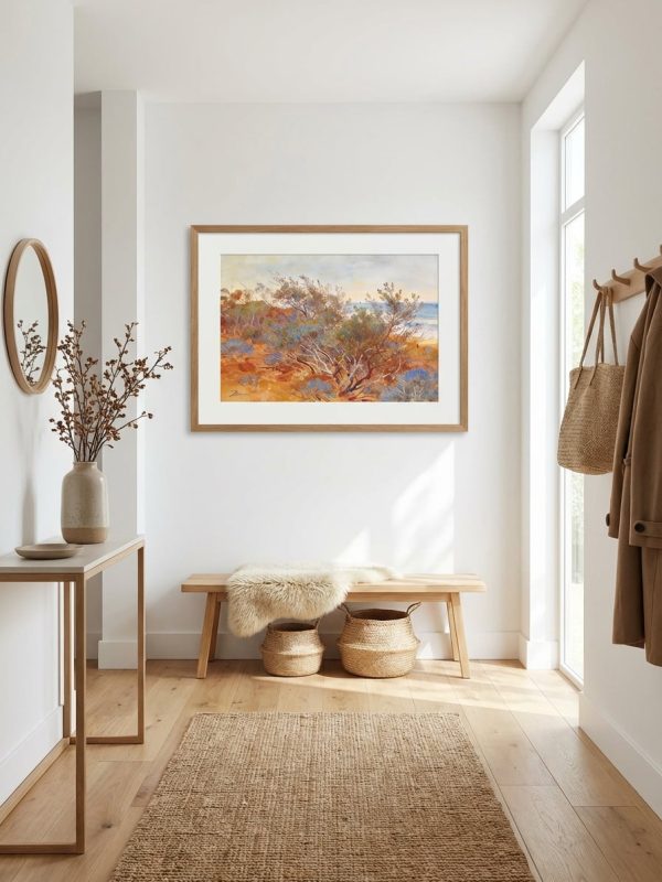 costal-scrub-australian-abstract-art-print-landscape-medium-natural-timber-framed-print-with-white-mat-board-scandinavian-entryway-interior-mockup Costal Scrub - Australian Abstract Art Print Landscape displayed as a medium natural timber framed print with white mat board in a scandinavian entryway interior setting