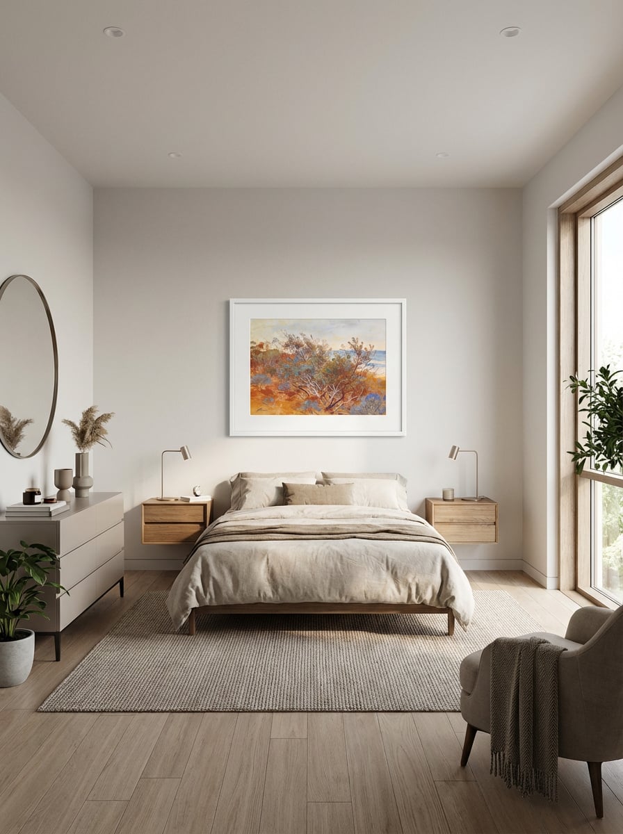 Costal Scrub - Australian Abstract Art Print Landscape displayed as a medium white framed print with white mat board in a modern bedroom interior setting