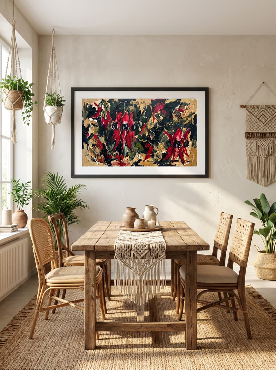 Desert Pea Chaos - Bold Abstract Floral Art Print displayed as a medium black framed print with white mat board in a bohemian dining room interior setting