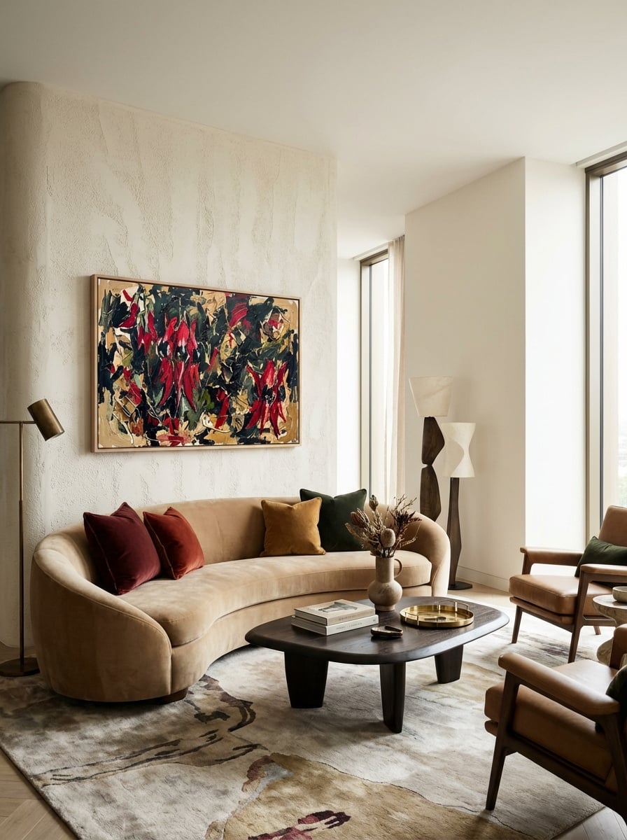 Desert Pea Chaos - Bold Abstract Floral Art Print displayed as a medium canvas print with light timber float frame in a luxury lounge interior setting