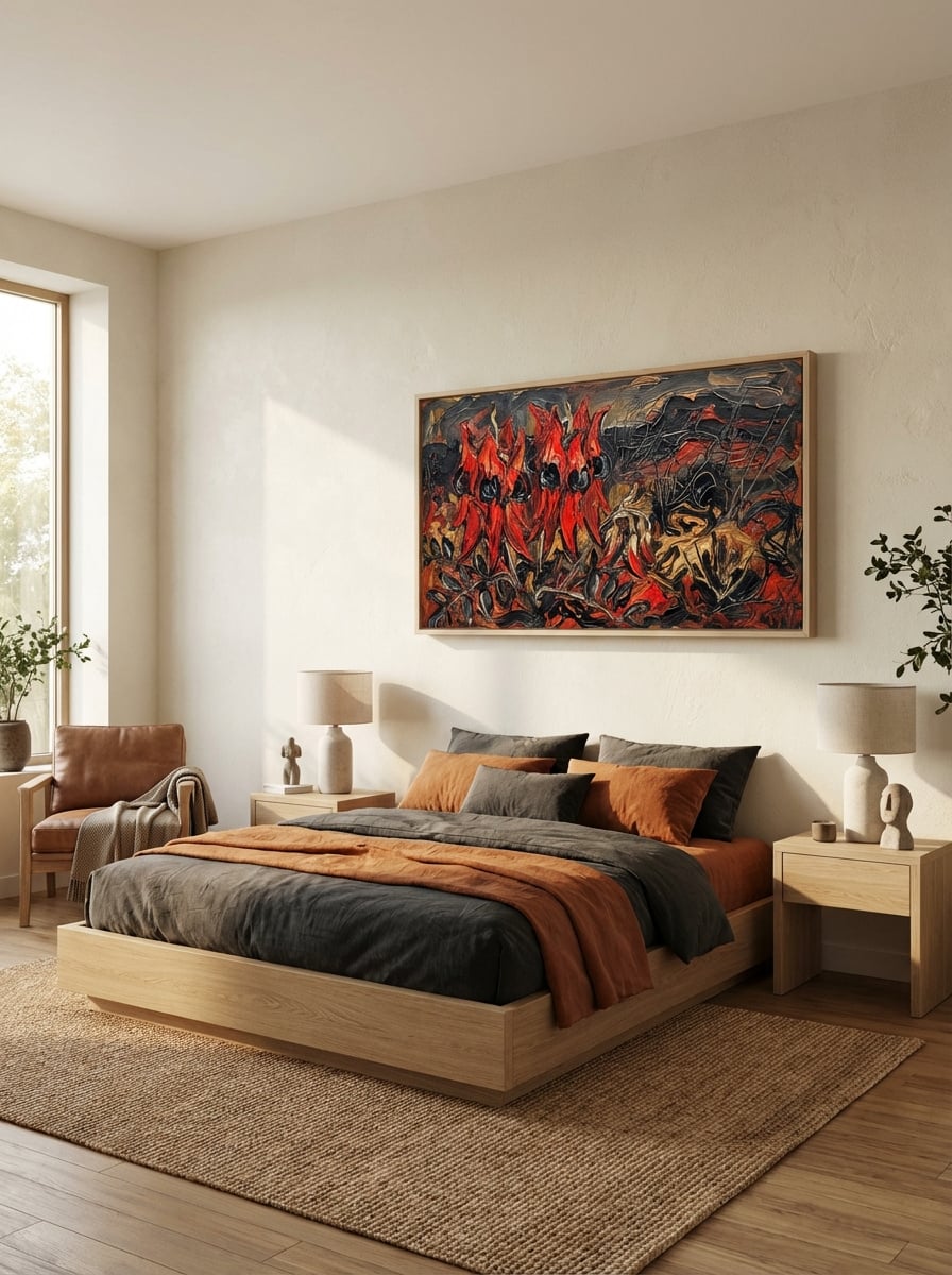 Desert Pea Country - Bold Abstract Sturt’s Desert Pea Art Print displayed as a medium canvas print with light timber float frame in a contemporary bedroom interior setting