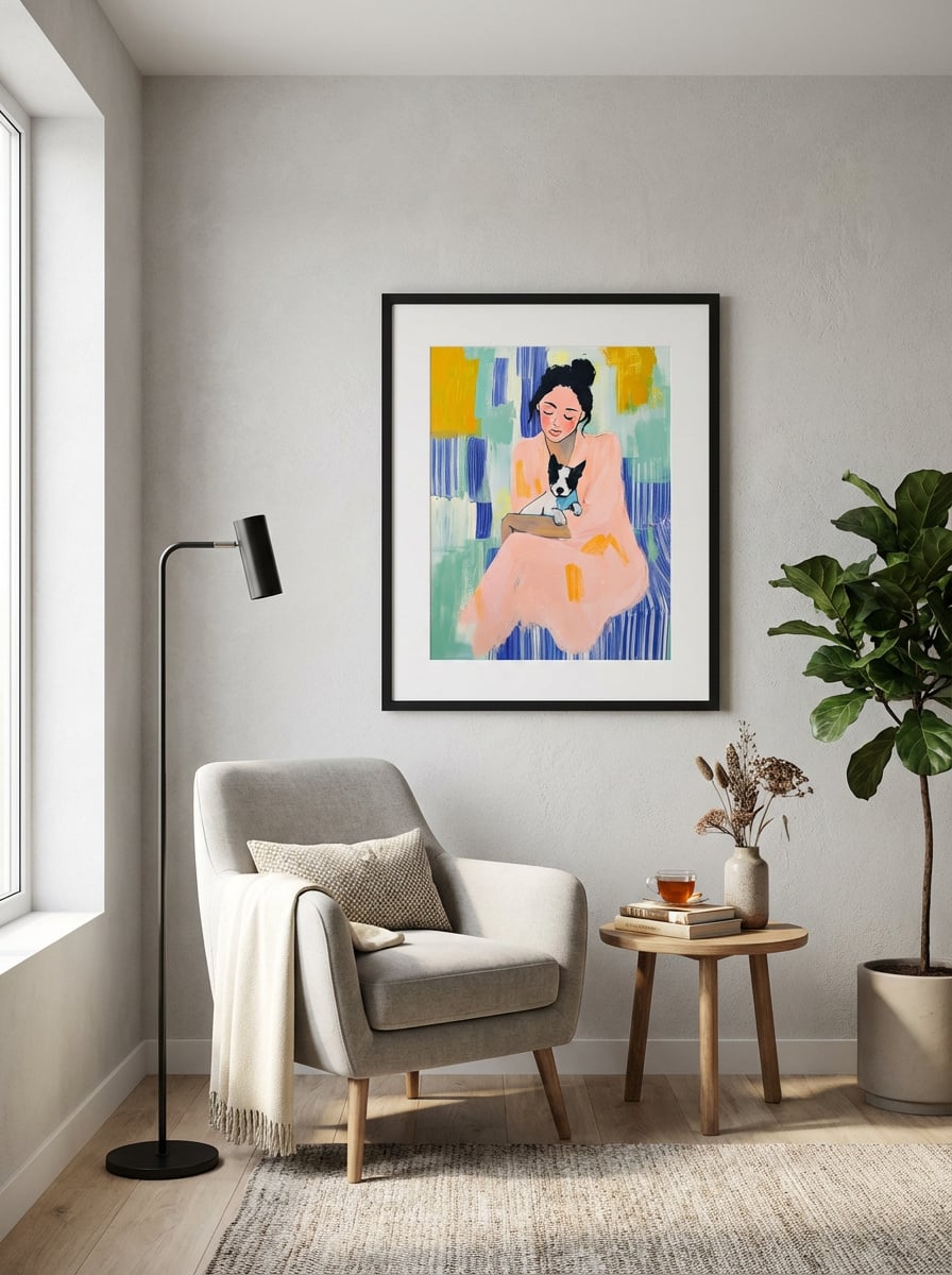 Dreaming with Dog – Vibrant Modern Woman and Dog Art Print displayed as a medium black framed print with white mat board in a contemporary reading nook interior setting