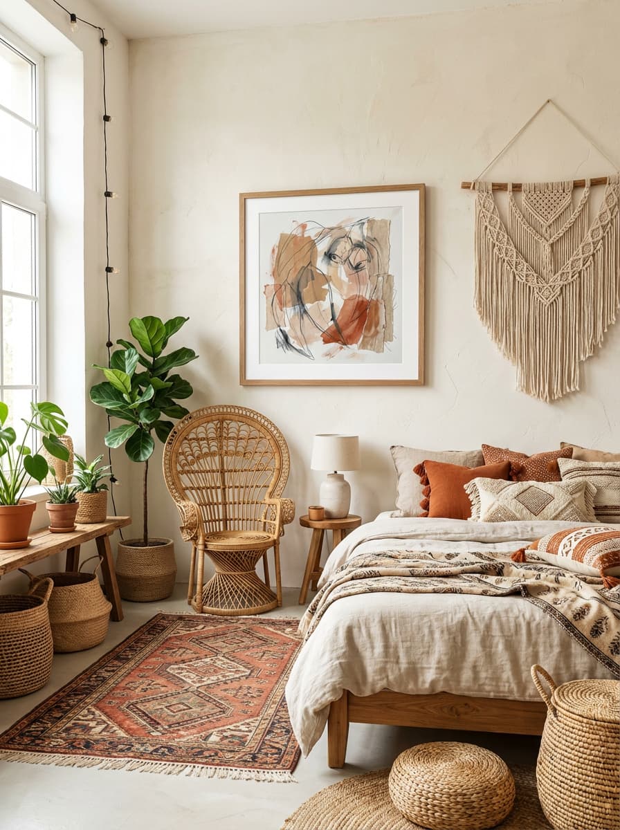 Eucalyptus Tapestry - Minimalist Boho Abstract Art Print displayed as a medium natural timber framed print with white mat board in a bohemian bedroom interior setting