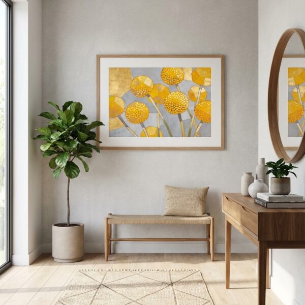 Golden Billy Buttons - Playful Abstract Floral Print - Australian Botanical Wall Art displayed as a medium natural timber framed print with white mat board in a modern entryway interior setting