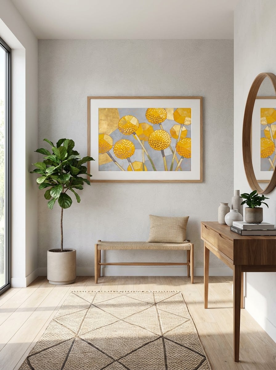 Golden Billy Buttons - Playful Abstract Floral Print - Australian Botanical Wall Art displayed as a medium natural timber framed print with white mat board in a modern entryway interior setting