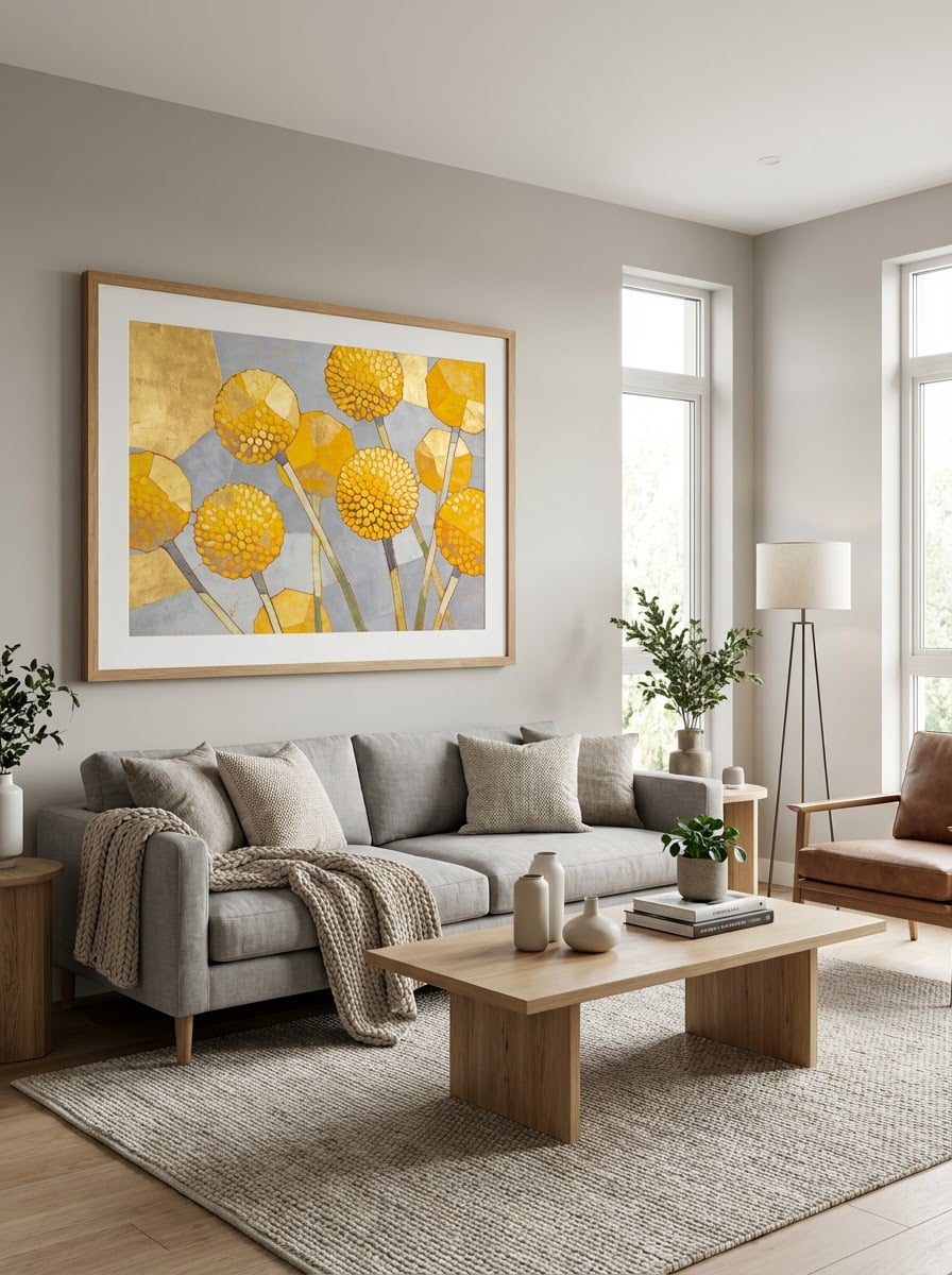 Golden Billy Buttons - Playful Abstract Floral Print - Australian Botanical Wall Art displayed as a medium natural timber framed print with white mat board in a modern living room interior setting