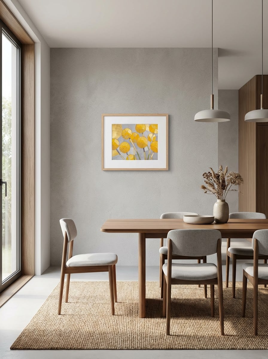 Golden Billy Buttons - Playful Abstract Floral Print - Australian Botanical Wall Art displayed as a small natural timber framed print with white mat board in a modern dining room interior setting