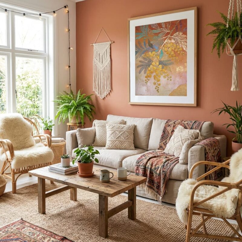 golden-wattle-australian-boho-wall-art-print-medium-natural-timber-framed-print-with-white-mat-board-bohemian-lounge-interior-mockup Golden Wattle - Australian Boho Wall Art Print displayed as a medium natural timber framed print with white mat board in a bohemian lounge interior setting