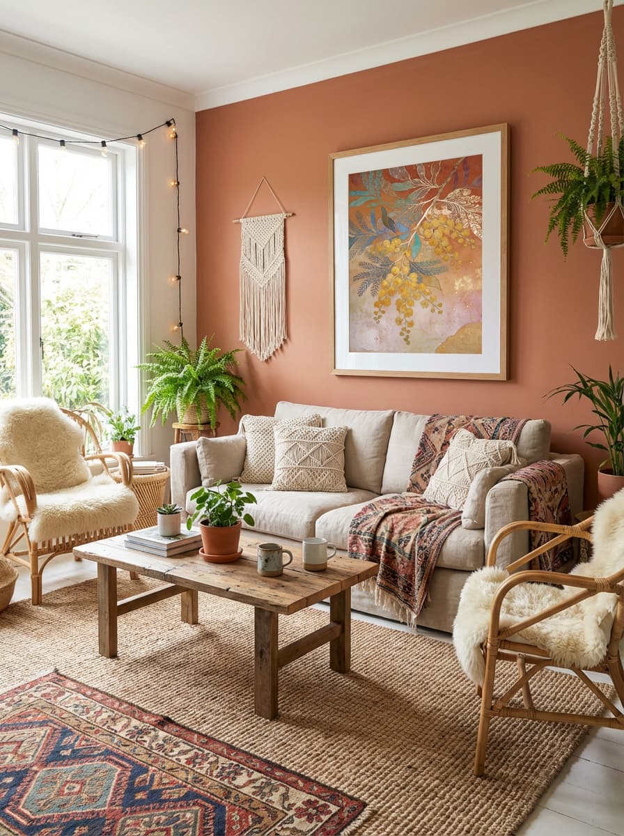 Golden Wattle - Australian Boho Wall Art Print displayed as a medium natural timber framed print with white mat board in a bohemian lounge interior setting