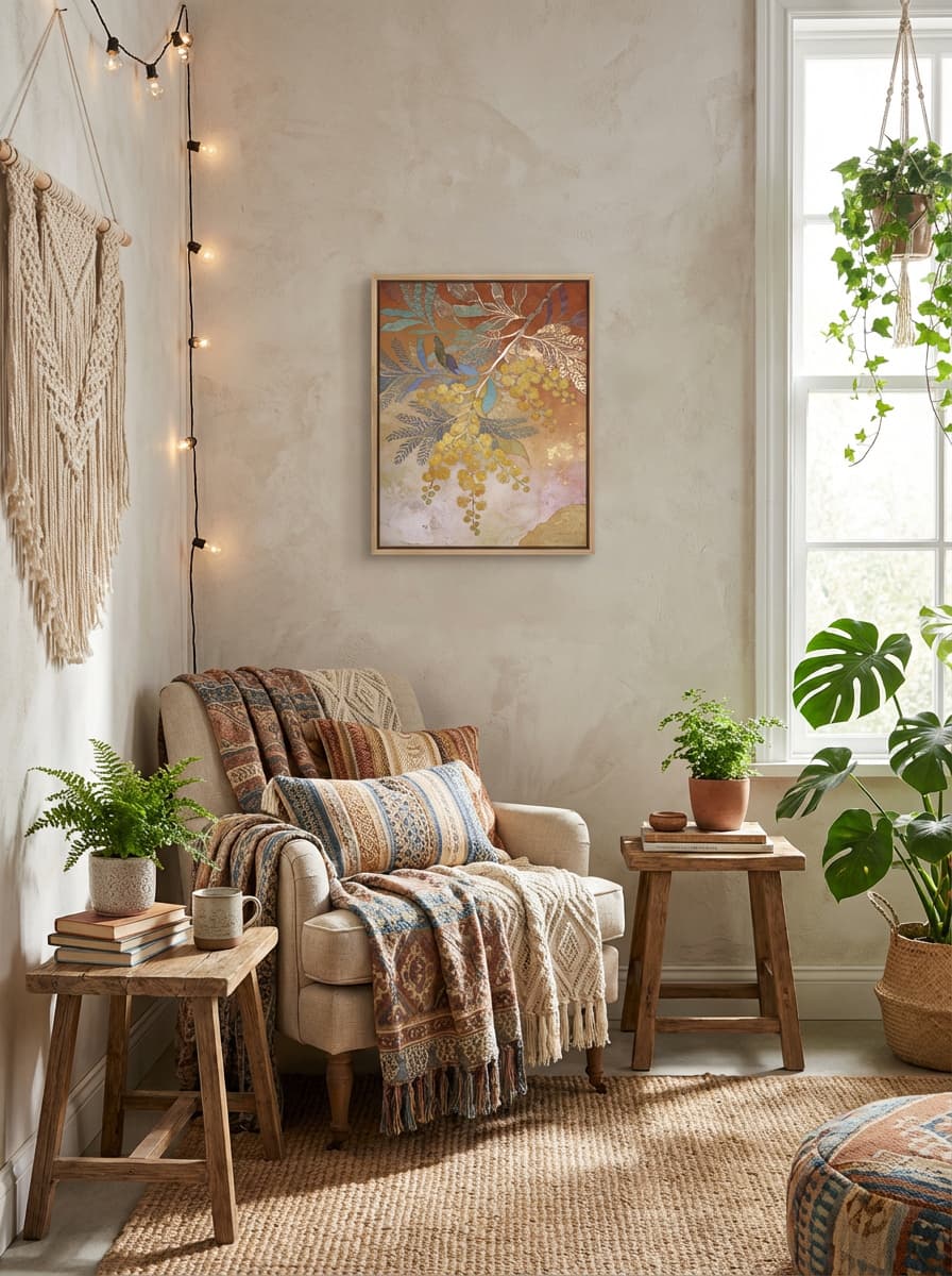 Golden Wattle - Australian Boho Wall Art Print displayed as a small canvas print with light thin timber float frame in a bohemian reading nook interior setting