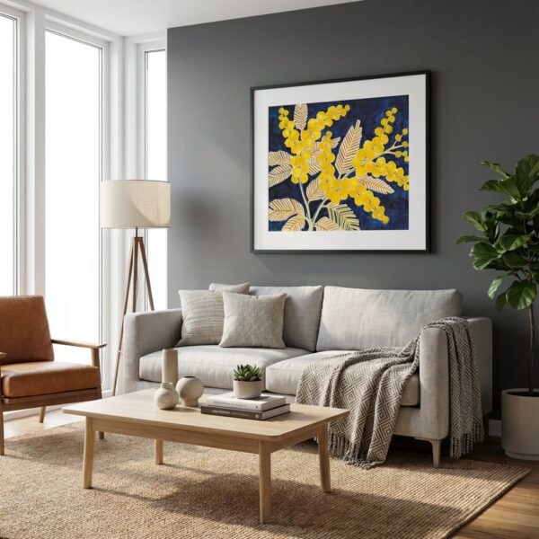 Golden Wattle on Blue - Australian Native Floral Wall Art Print displayed as a medium black framed print with white mat board in a modern living room interior setting