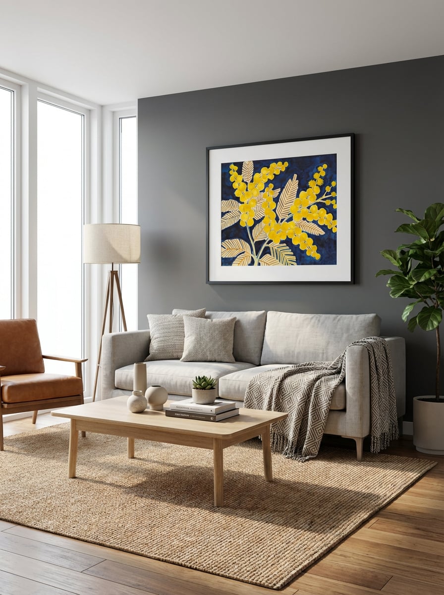 Golden Wattle on Blue - Australian Native Floral Wall Art Print displayed as a medium black framed print with white mat board in a modern living room interior setting