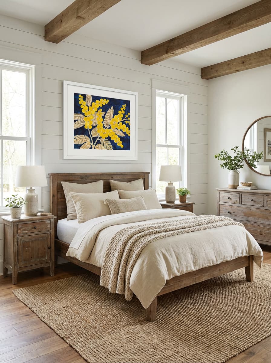 Golden Wattle on Blue - Australian Native Floral Wall Art Print displayed as a medium white framed print with white mat board in a farmhouse bedroom interior setting