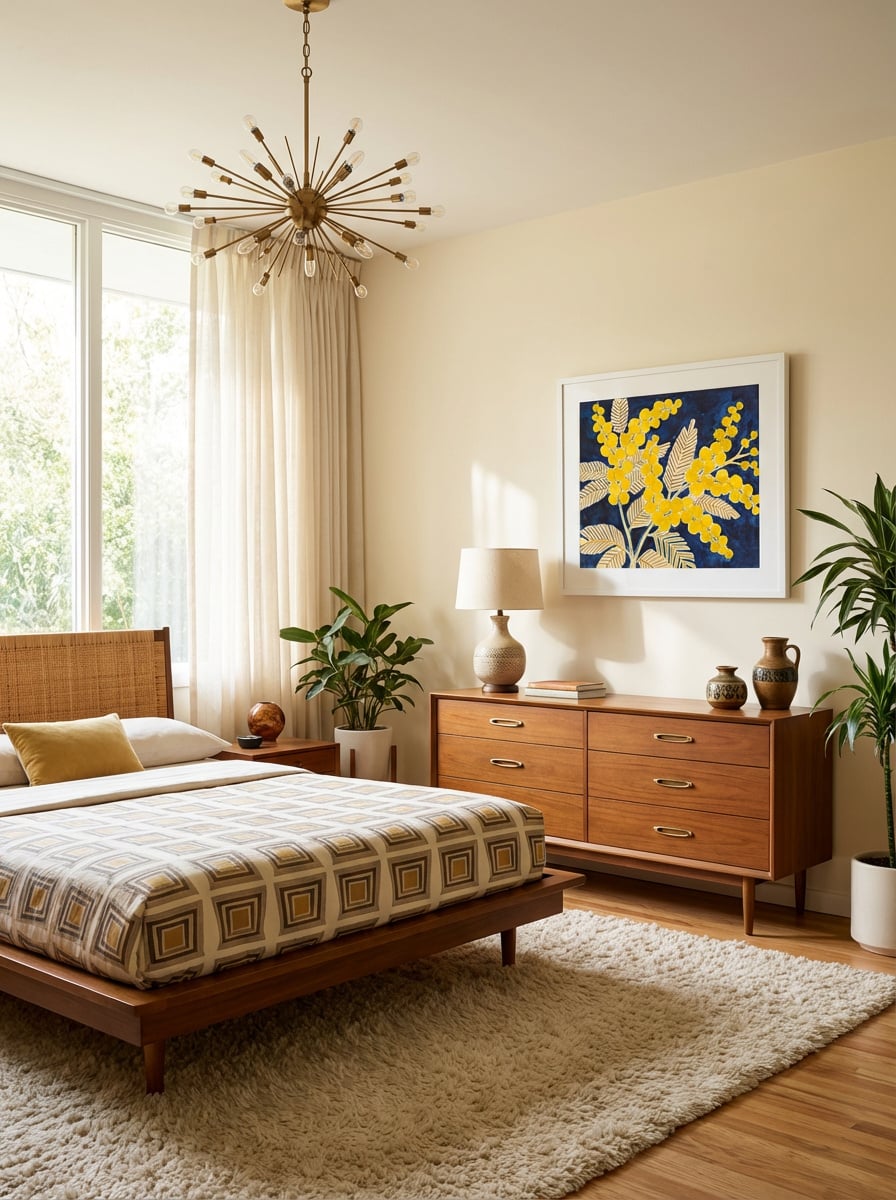 Golden Wattle on Blue - Australian Native Floral Wall Art Print displayed as a medium white framed print with white mat board in a mid-century modern bedroom interior setting