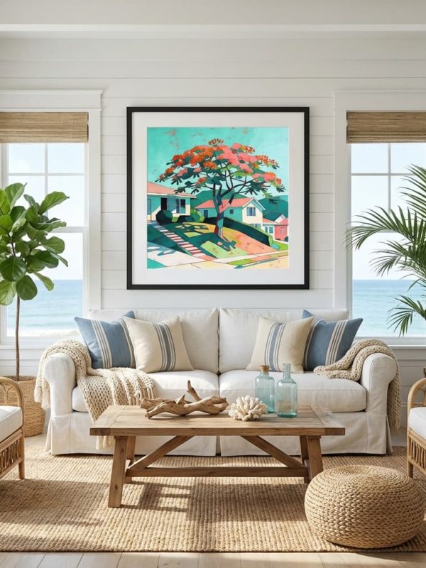 hillside-reverie-poinciana-tree-abstract-australian-art-print-medium-black-framed-print-with-white-mat-board-coastal-living-room-interior-mockup Hillside Reverie - Poinciana Tree Abstract Australian Art Print displayed as a medium black framed print with white mat board in a coastal living room interior setting