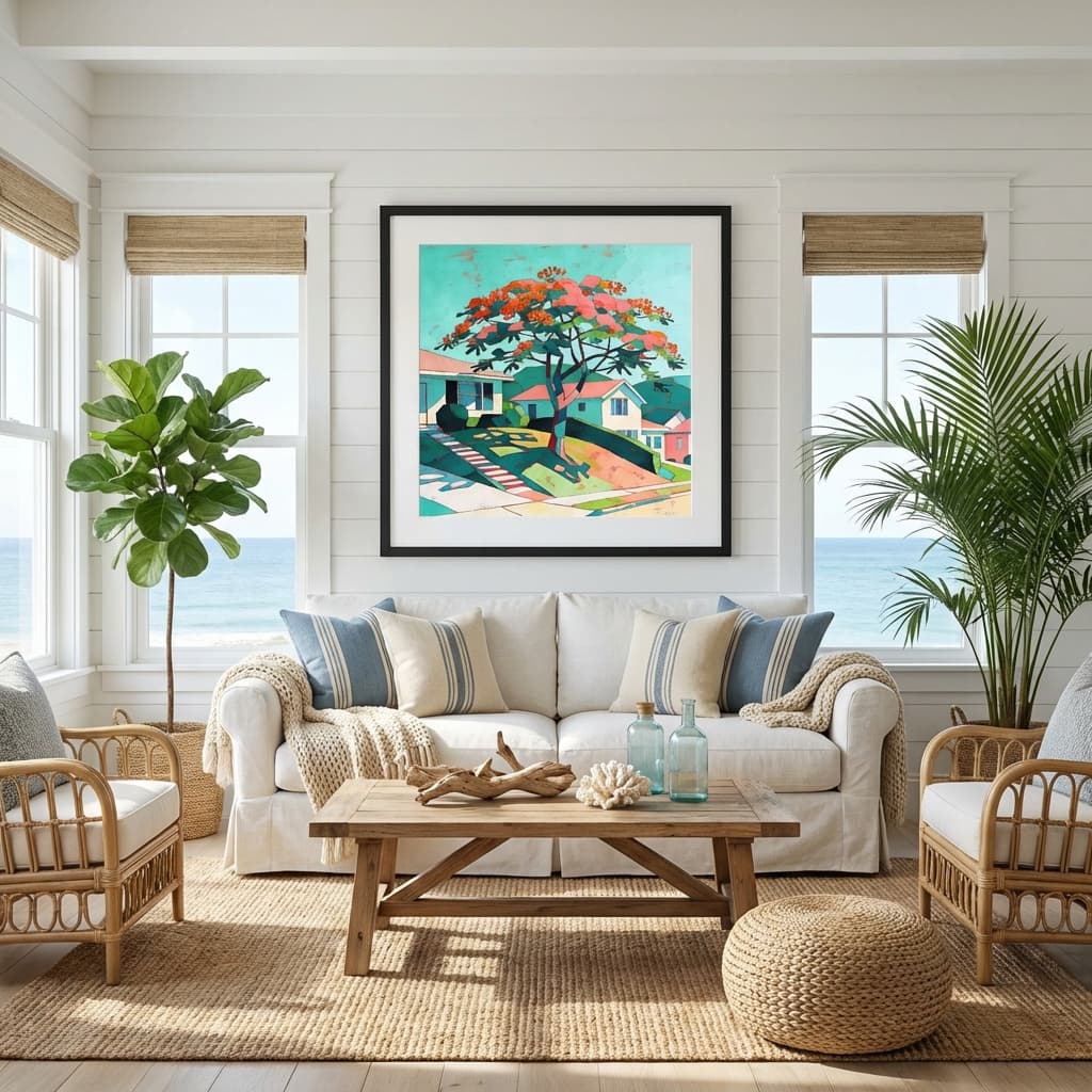Hillside Reverie - Poinciana Tree Abstract Australian Art Print displayed as a medium black framed print with white mat board in a coastal living room interior setting